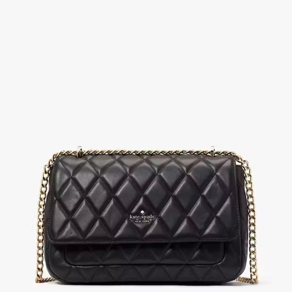 new Kate Spade Carey Medium Flap Shoulder Bag Purse Quilted Leather Black